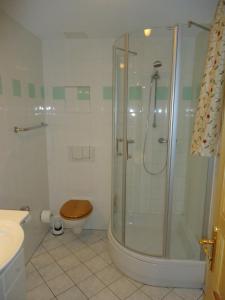 y baño con ducha, aseo y lavamanos. en PP Pension Potsdam, en Potsdam