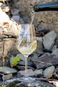 ein Glas Weißwein wird gegossen in der Unterkunft Weingut Pension Gibbert-Pohl in Briedel