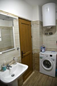 y baño con lavabo y lavadora. en Alindro City Center Apartment 2 en Tirana