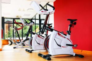 a row of exercise bikes in a room with a red wall at Résidence Néméa L'Aigle Bleu in Briançon