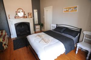 a bedroom with a bed with a fireplace and a mirror at Vagabond Historic in Port Germein