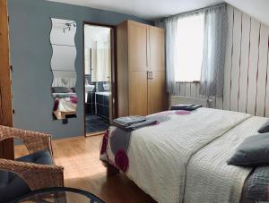 ein Schlafzimmer mit einem großen Bett und einem Spiegel in der Unterkunft Apartmány v ráji (Českém) in Blata