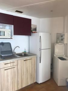 a kitchen with a white refrigerator and a sink at Morne Charlotte in Le Carbet