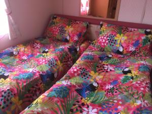 チャペル・セント・レオナルズにあるGolden palm resort skegnessのベッドルーム1室(カラフルな掛け布団付きのベッド2台付)