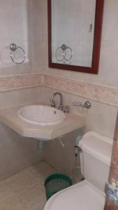 a bathroom with a sink and a toilet and a mirror at Karey 102 in Santa Marta