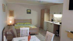 ein kleines Apartment mit einem Bett und einer Küche in der Unterkunft Apartman Pijavica in Bijela