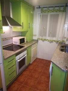 een keuken met groene kasten en een magnetron bij Apartamento Pergar II Alojamiento para empresas-WIFI 4 Personas in Las Gabias