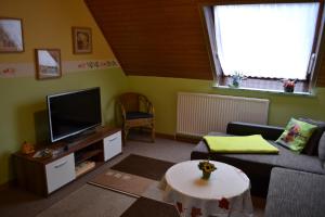 ein Wohnzimmer mit einem Sofa und einem TV in der Unterkunft Ferienwohnungen Edelweiss in Schulenberg im Oberharz