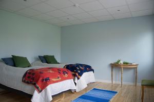 two beds in a room with blue walls at Lannavaara Lodge in Lannavaara