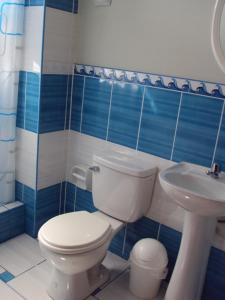 uma casa de banho em azulejos azuis com um WC e um lavatório em Nasca Lodge em Nazca