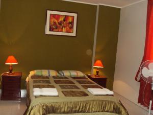 ein Schlafzimmer mit einem Bett und zwei Nachttischen mit Lampen in der Unterkunft Nasca Lodge in Nazca