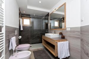 a bathroom with a sink and a toilet and a mirror at Junior Suite Orso Grigio in Andalo