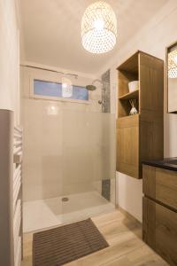 カネ・アン・ルシヨンにある"COSY" Appartement confort de 50m2 à 150m de la Mer et du Centre ville, parking gratuitのバスルーム(ガラス張りのシャワー付)が備わります。