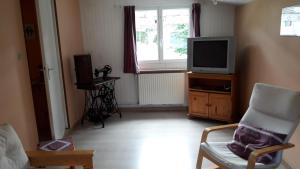 uma sala de estar com uma televisão e uma cadeira em Meublé de tourisme em Oderen