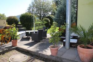 a patio with tables and chairs and potted plants at Hotel zum Goldenen Wagen in Maulburg
