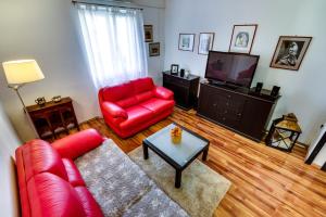 a living room with a red couch and a tv at Holiday home Elin Šibenik in Šibenik