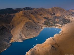 an aerial view of a lake in the middle of a mountain at Irene Double Apartment Katoi in Symi