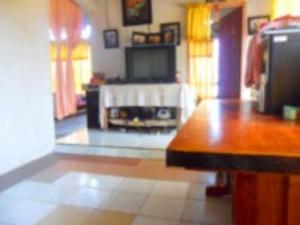Hogarista Homestay في Kaledupa: غرفة معيشة فيها موقد وتلفزيون