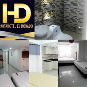 uma colagem de fotos de uma casa de banho e um quarto em Apartahotel Dorado Rodadero em Santa Marta