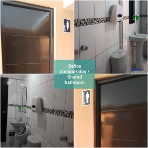 baño con puerta de ducha, lavabo y aseo en Cálido Hostal, en Moquegua