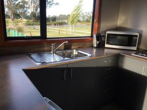 a kitchen with a sink and a microwave and a window at Acheron Cottages in Manapouri