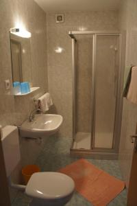 a bathroom with a shower and a toilet and a sink at Pension Pernthaler in Silandro