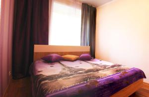 ビイスクにあるАпартаменты "Добрые Сутки" на Мухачева 133のベッドルーム1室(紫のシーツが敷かれたベッド1台、窓付)