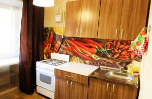 ビイスクにあるАпартаменты "Добрые Сутки" на Мухачева 133の壁に野菜の絵が描かれたキッチン