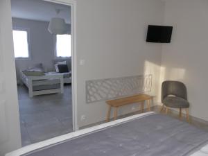 a bedroom with a mirror and a chair and a couch at Chambres D'hôtes Les Ambaciales in Amboise