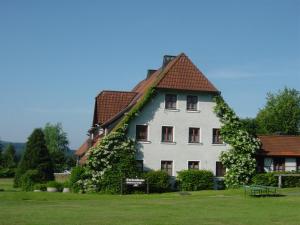 un gran edificio blanco con hiedra creciendo en él en ferienwohnungen hottenroth, en Warmensteinach