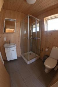 a bathroom with a shower and a toilet and a sink at Myllulækur in Nesjum