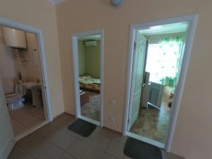 a room with two mirrors in a room with a bathroom at У Олексія in Karolino-Buhaz +57 photos