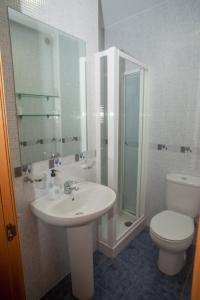 a bathroom with a sink and a toilet and a shower at Beatiful holiday flat in Galicia with sea views and next to the "Camino de Santiago" in Estorde