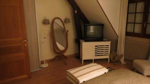 a living room with a mirror and a tv at maison du Hérisson in La Capelle-en-Thiérache
