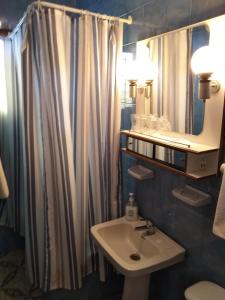 a bathroom with a sink and a shower curtain at Hostal San Francisco in Campillos