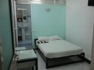 1 dormitorio con cama, lavabo y espejo en La Plaine Verte Guesthouse en Port Louis