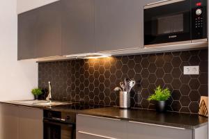 a kitchen with stainless steel appliances and a black tiled wall at Ramirez Flats Valencia in Valencia