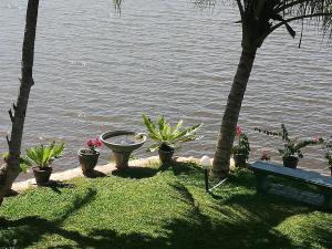 a garden with plants and a bench next to the water at Mahi Villa in Bentota