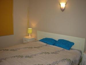 een slaapkamer met een bed met blauwe kussens en een lamp bij Rayons Vert Complex, Coastal Road, Flic en Flac in Flic-en-Flac