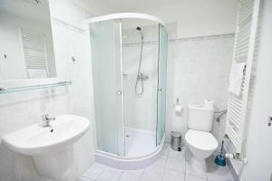 a bathroom with a shower and a toilet and a sink at University Hotel in Prague