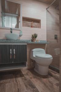 a bathroom with a white toilet and a sink at Pachamama Hotel - Spa in Dosquebradas