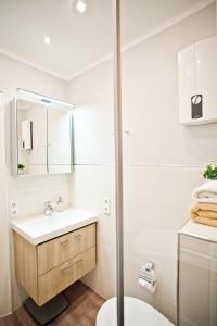 Baño blanco con lavabo y aseo en Ferienwohnung Meeresrausch, en Westerland