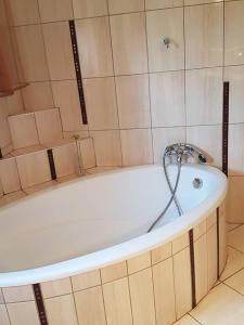 Szajol的住宿－Szőke Tisza Vendégház，浴室内设有带水龙头的白色浴缸