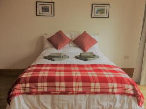 a bed with a plaid blanket and two pillows on it at Maes y Môr in Llanarth