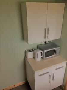 a small kitchen with a microwave and a counter at Maes y Môr in Llanarth