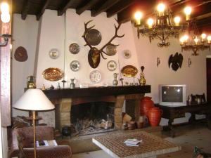 una sala de estar con chimenea y platos en la pared en Hotel Rural La Lastra en Caso