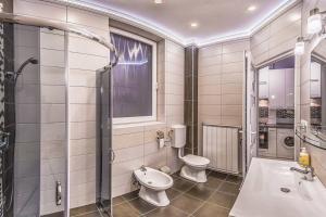 La salle de bains est pourvue de toilettes, d'un lavabo et d'une douche. dans l'établissement Oktogon Downtown Studio, à Budapest