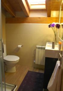 ein Badezimmer mit einem WC und einem Waschbecken mit einer Blumenvase in der Unterkunft La Casita de Adanero in Adanero
