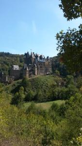 een oud kasteel bovenop een heuvel bij Ferienwohnung Edi Fischer in Oberfell