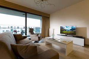 ein Wohnzimmer mit einem Sofa und einem TV in der Unterkunft Villa Doria in Luxemburg (Stadt)